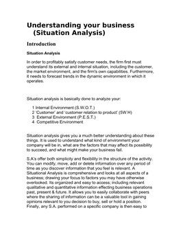 Understanding Your Business (Situation Analysis) Introduction