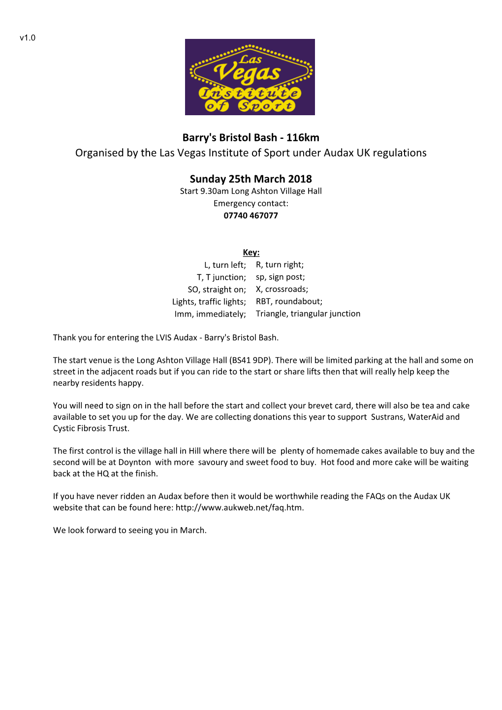 Barry's Bristol Bash - 116Km Organised by the Las Vegas Institute of Sport Under Audax UK Regulations