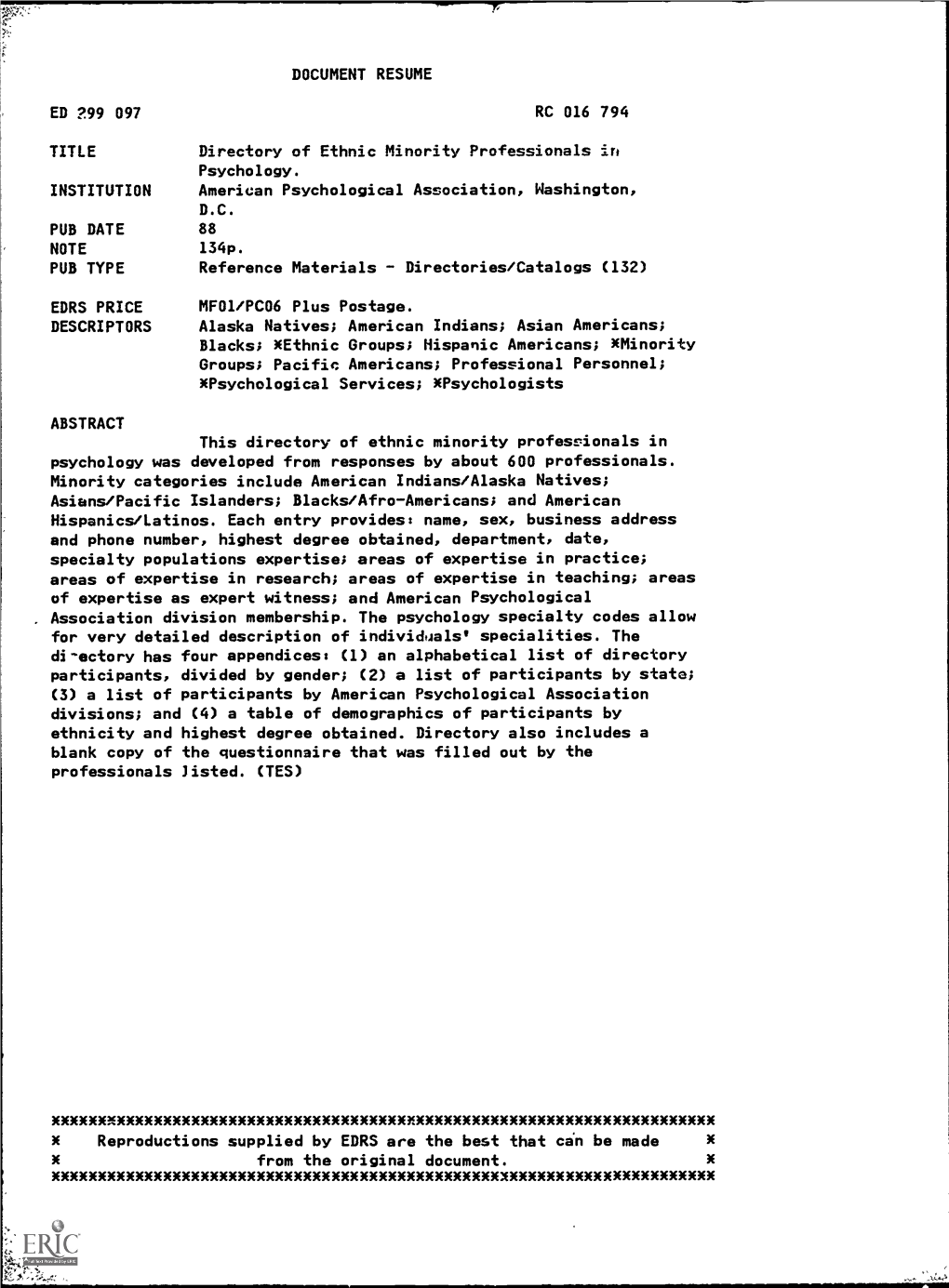 DOCUMENT RESUME RC 016 794 TITLE Directory of Ethnic Minority