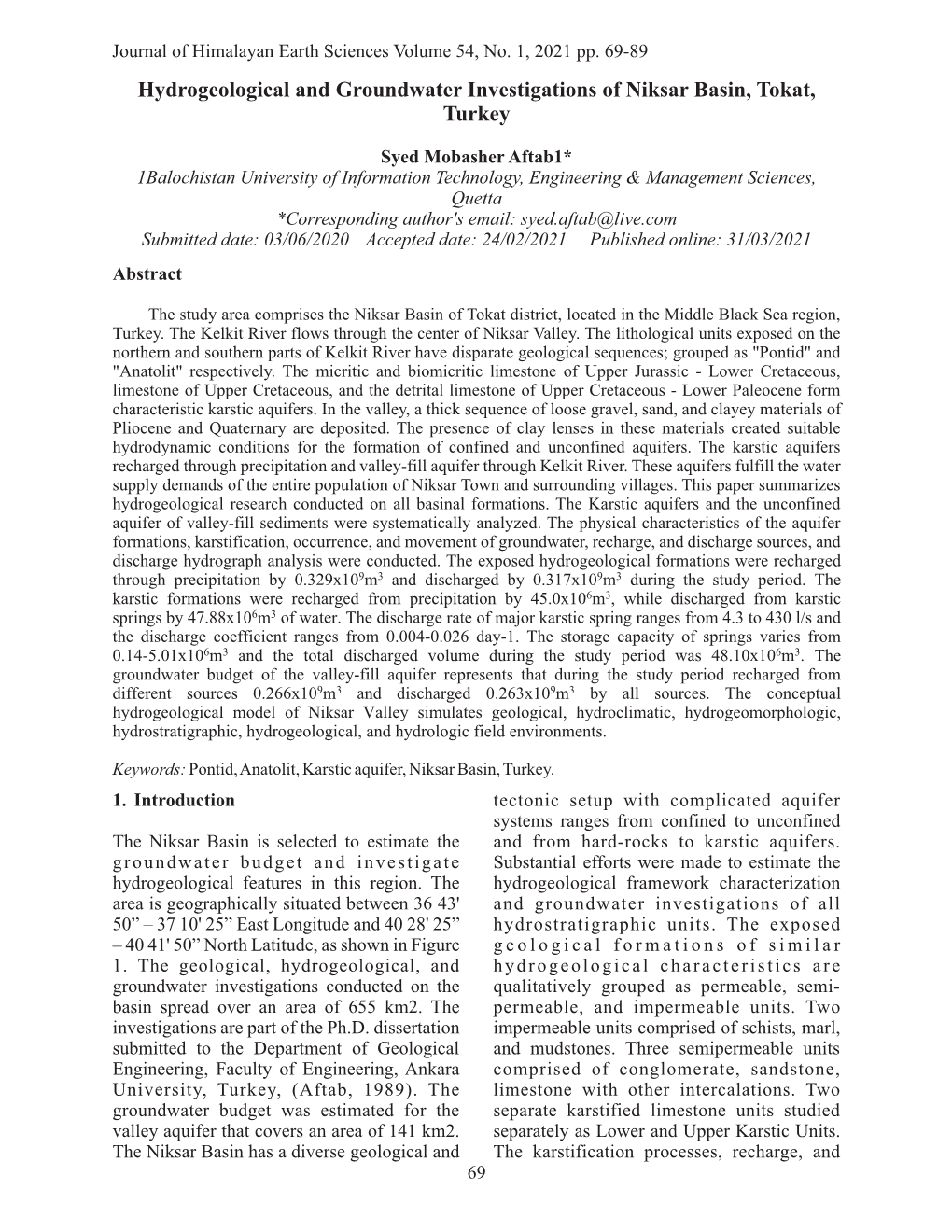 Hydrogeological and Groundwater Investigations of Niksar Basin, Tokat, Turkey