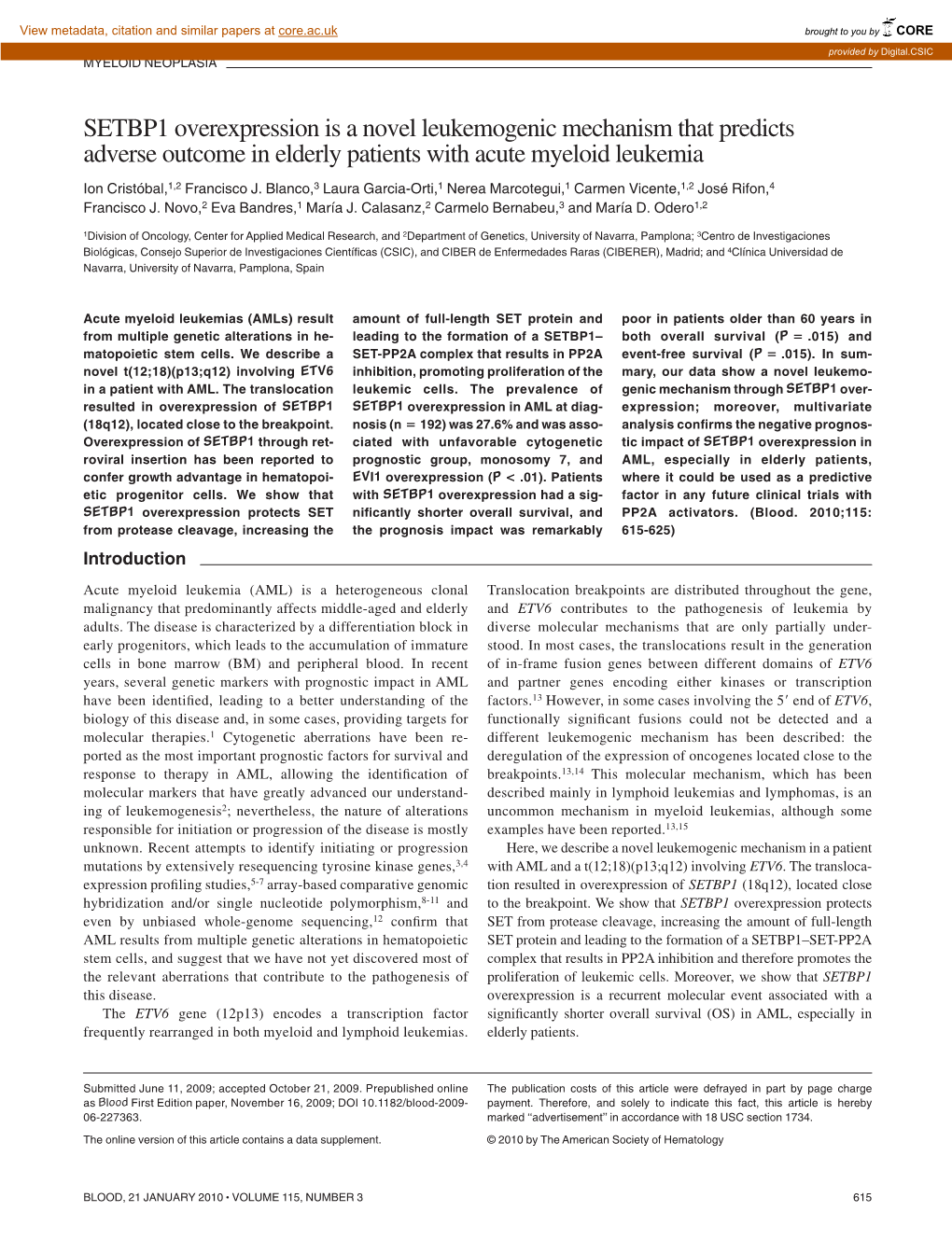 SETBP1 Overexpression Is a Novel Leukemogenic Mechanism That Predicts Adverse Outcome in Elderly Patients with Acute Myeloid Leukemia