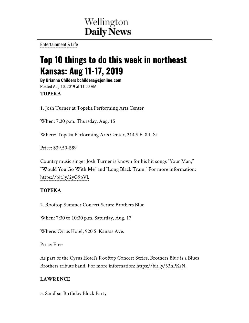 Top 10 in Northeast Kansas Aug 11-17, 2019