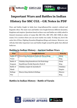 Important Wars and Battles in Indian History for SSC CGL - GK Notes in PDF