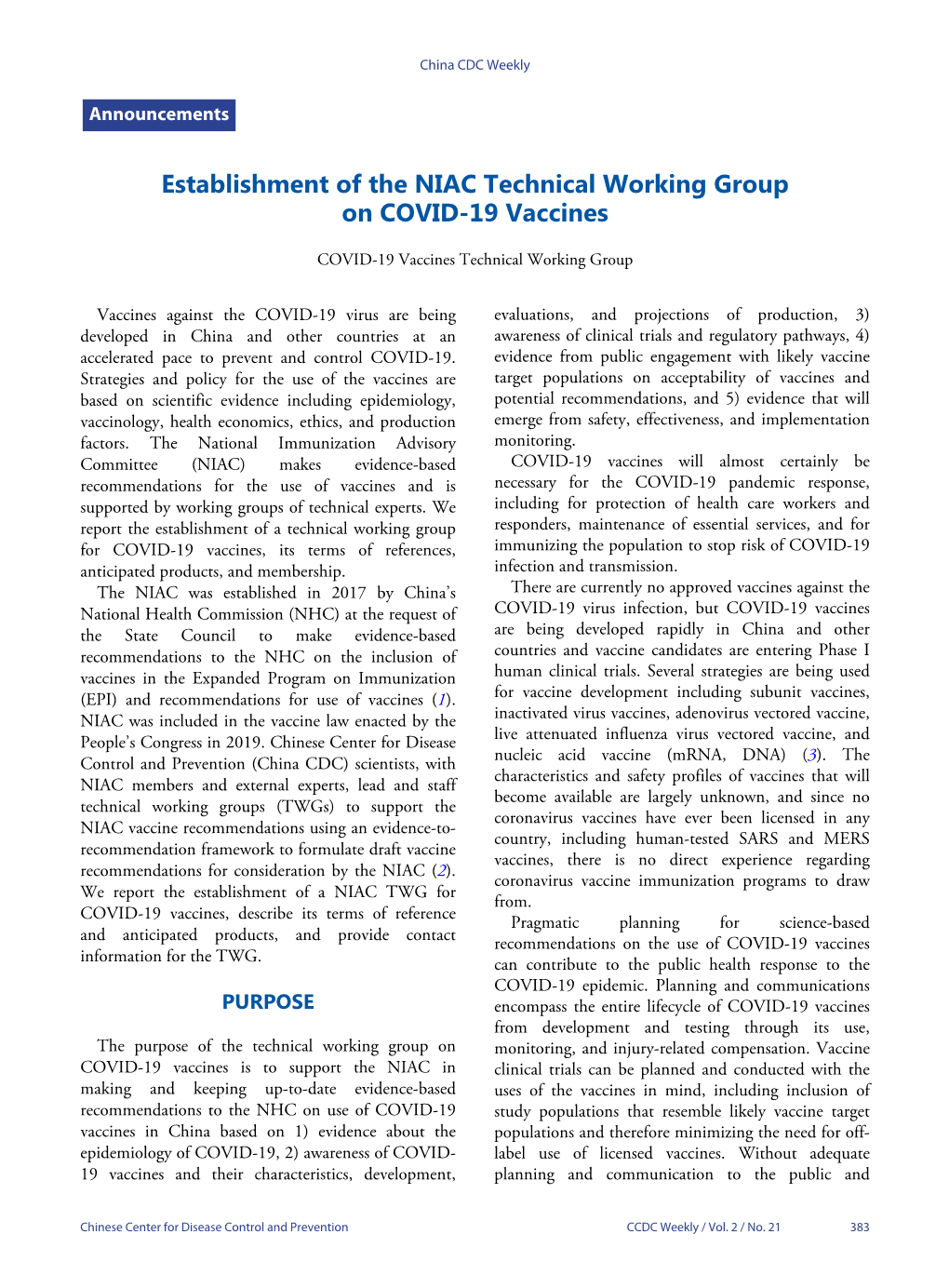Establishment of the NIAC Technical Working Group on COVID-19 Vaccines
