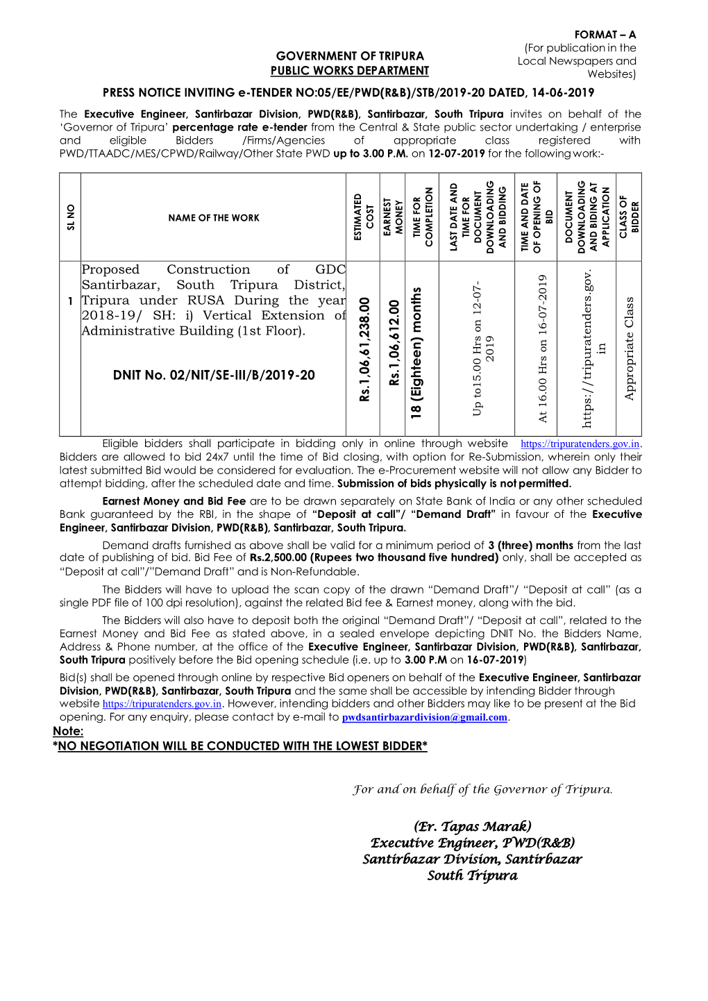 Proposed Construction of GDC Santirbazar, South Tripura District