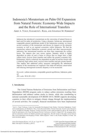Indonesia's Moratorium on Palm Oil Expansion from Natural Forests: Economy-Wide Impacts and the Role of International Transfer