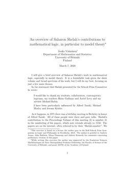 An Overview of Saharon Shelah's Contributions to Mathematical Logic, in Particular to Model Theory