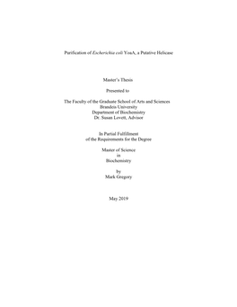 Purification of Escherichia Coli Yoaa, a Putative Helicase Master's Thesis