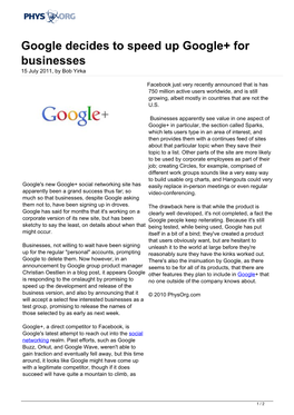 Google Decides to Speed up Google+ for Businesses 15 July 2011, by Bob Yirka