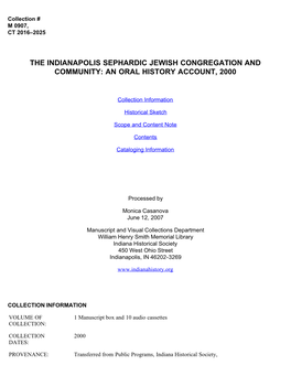 The Indianapolis Sephardic Jewish Congregation and Community: an Oral History Account, 2000