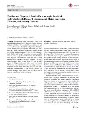 Positive and Negative Affective Forecasting in Remitted Individuals with Bipolar I Disorder, and Major Depressive Disorder, and Healthy Controls