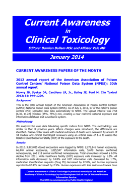 Current Awareness in Clinical Toxicology Editors: Damian Ballam Msc and Allister Vale MD