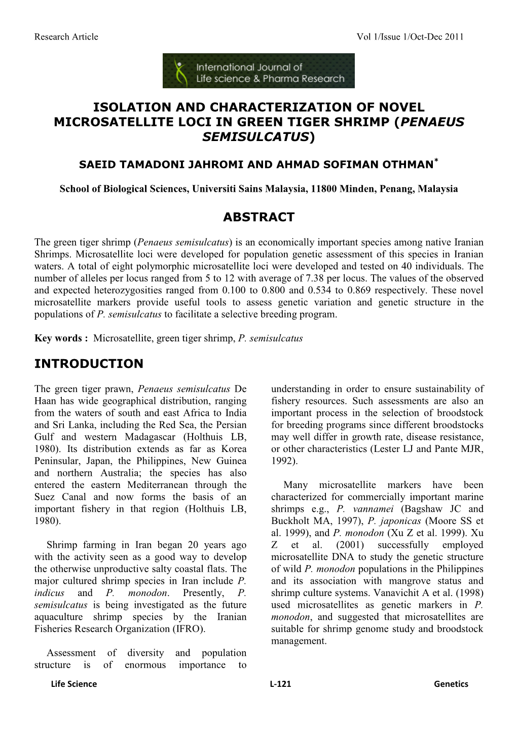 Isolation and Characterization of Novel Microsatellite Loci in Green Tiger Shrimp (Penaeus Semisulcatus)