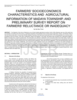 Farmers' Socioeconomics Characteristics and Agricultural Information of Madaya Township, and Preliminary Survey Report On