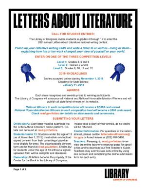 Letters About Literature Call for Student Entries