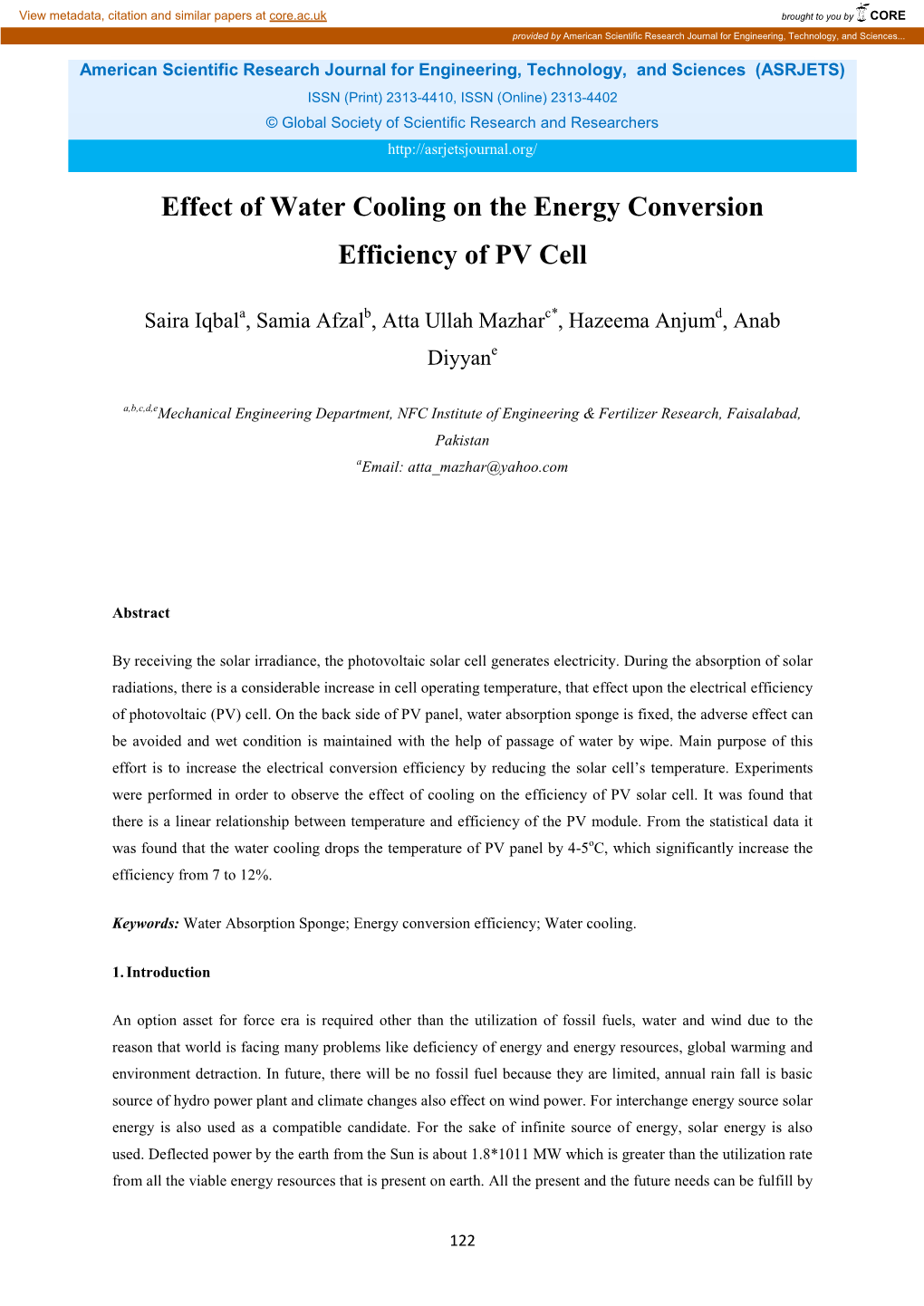 Effect of Water Cooling on the Energy Conversion Efficiency of PV Cell