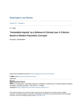 As a Defense in Criminal Law: a Criticism Based on Modern Psychiatric Concepts