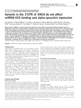 Variants in the 3&Prime;UTR of SNCA Do Not Affect Mirna-433
