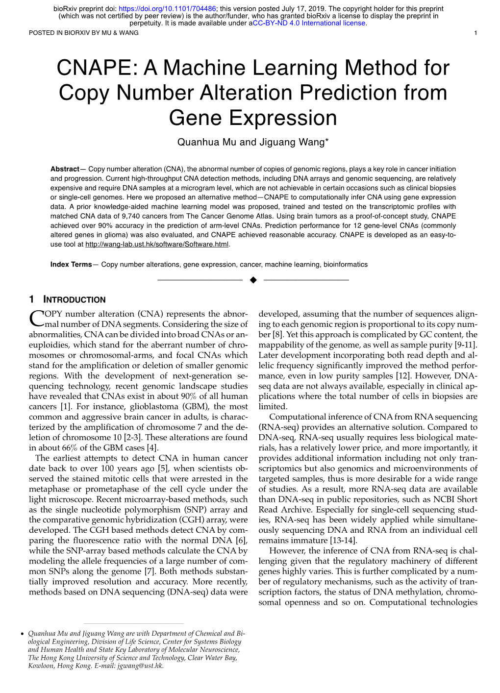 CNAPE: a Machine Learning Method for Copy Number Alteration Prediction from Gene Expression Quanhua Mu and Jiguang Wang*