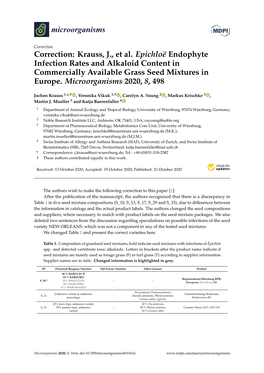 Krauss, J., Et Al. Epichloë Endophyte Infection Rates and Alkaloid Content in Commercially Available Grass Seed Mixtures in Europe