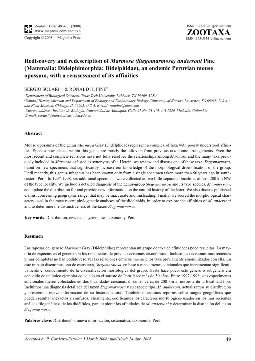 Zootaxa, Rediscovery and Redescription of Marmosa