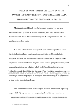 Speech by Prime Minister Lee Kuan Yew at the Banquet Hosted by the Rt Hon Ratu Sir Kamisese Mara, Prime Minister of Fiji, In