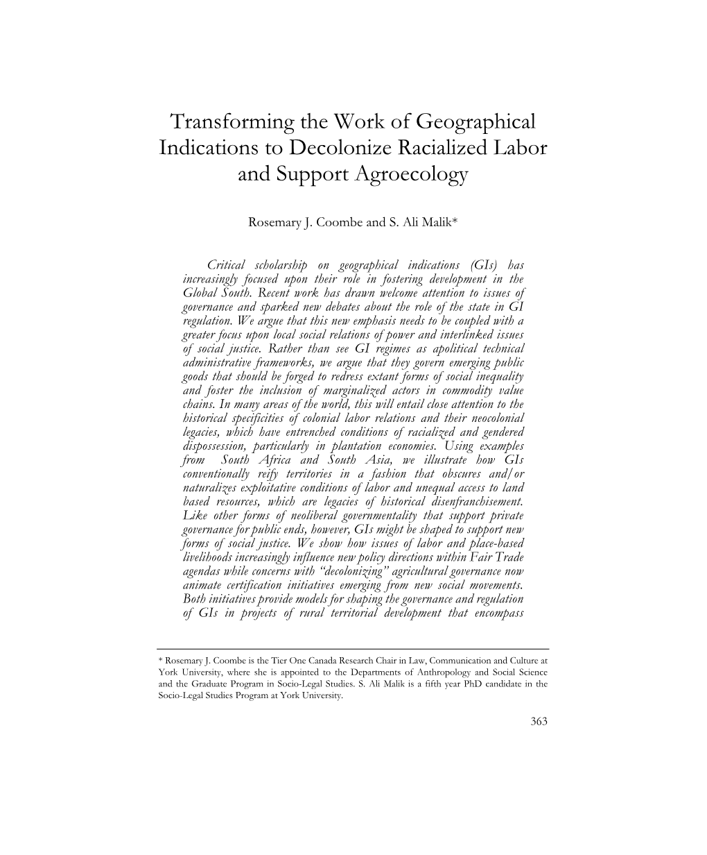 Transforming the Work of Geographical Indications to Decolonize Racialized Labor and Support Agroecology
