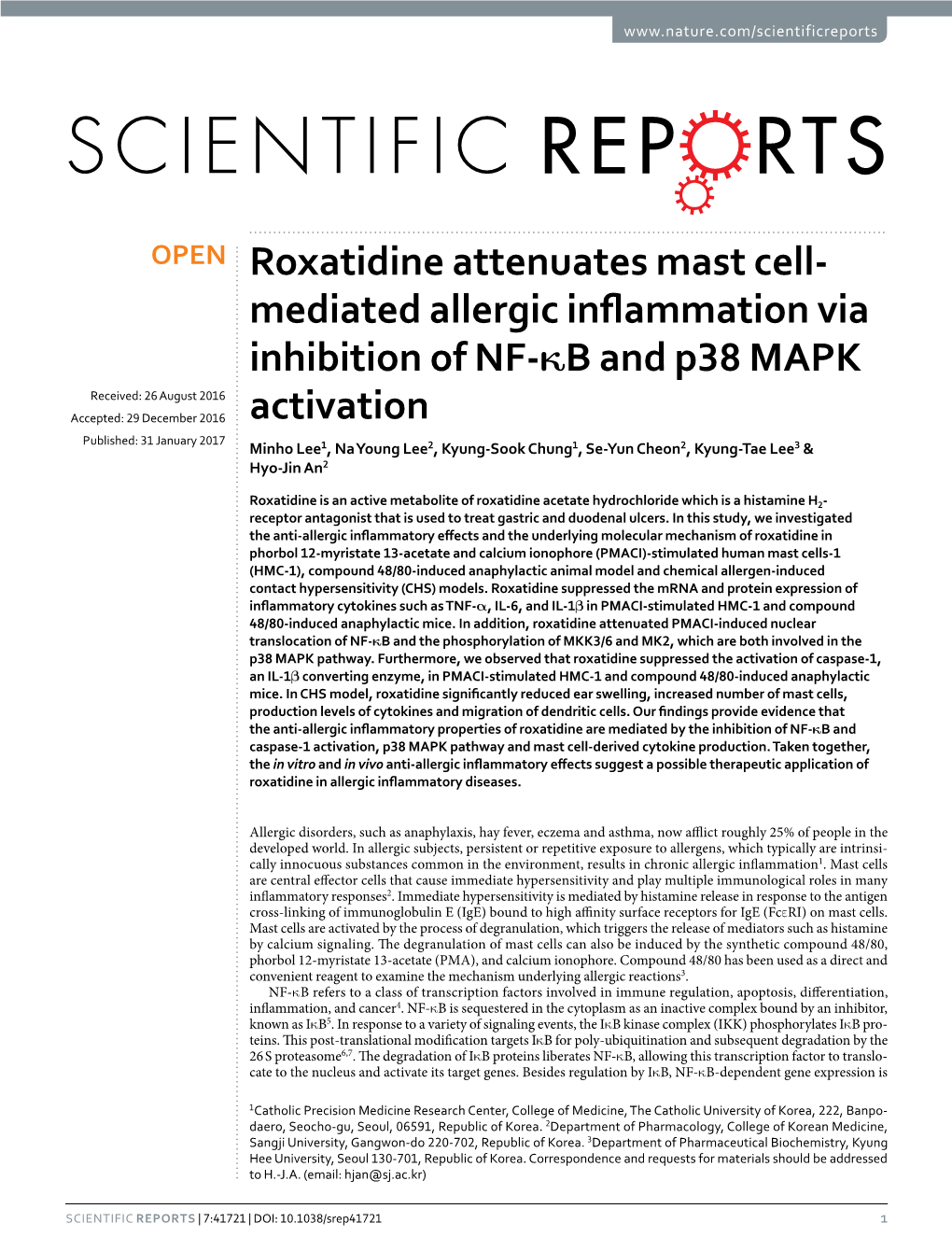 Roxatidine Attenuates Mast Cell-Mediated Allergic Inflammation Via Inhibition of NF-Κb and P38 MAPK Activation