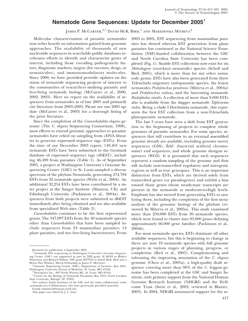 Nematode Gene Sequences: Update for December 20051