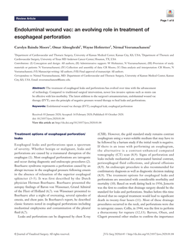 Endoluminal Wound Vac: an Evolving Role in Treatment of Esophageal Perforation