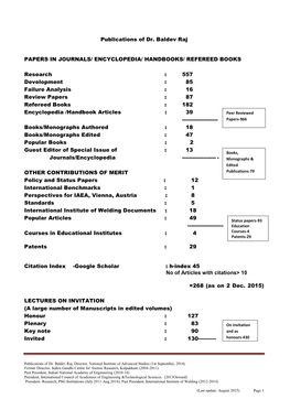 Publications of Dr. Baldev Raj PAPERS in JOURNALS