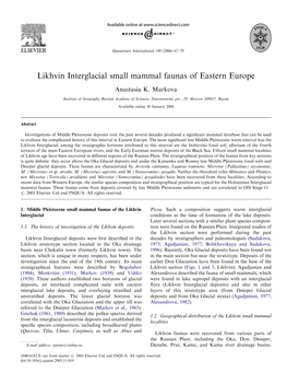 Likhvin Interglacial Small Mammal Faunas of Eastern Europe