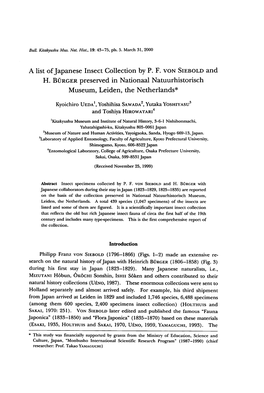 A List Ofjapanese Insect Collection by P. F. Von Siebold and H