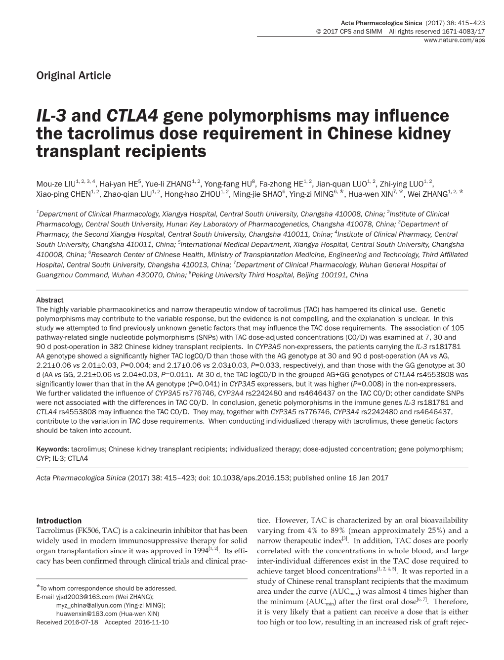IL-3 and CTLA4 Gene Polymorphisms May Influence the Tacrolimus Dose Requirement in Chinese Kidney Transplant Recipients