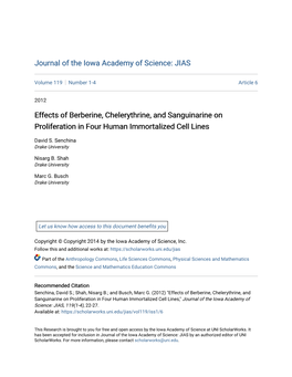 Effects of Berberine, Chelerythrine, and Sanguinarine on Proliferation in Four Human Immortalized Cell Lines