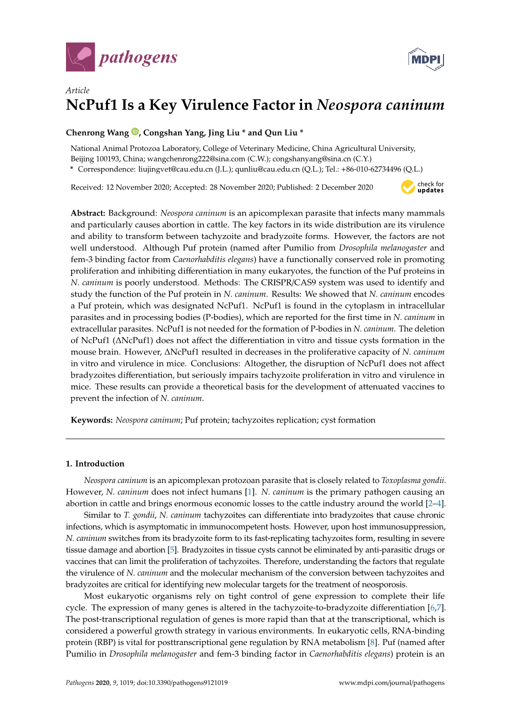 Ncpuf1 Is a Key Virulence Factor in Neospora Caninum