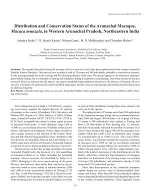 Distribution and Conservation Status of the Arunachal Macaque, Macaca Munzala, in Western Arunachal Pradesh, Northeastern India