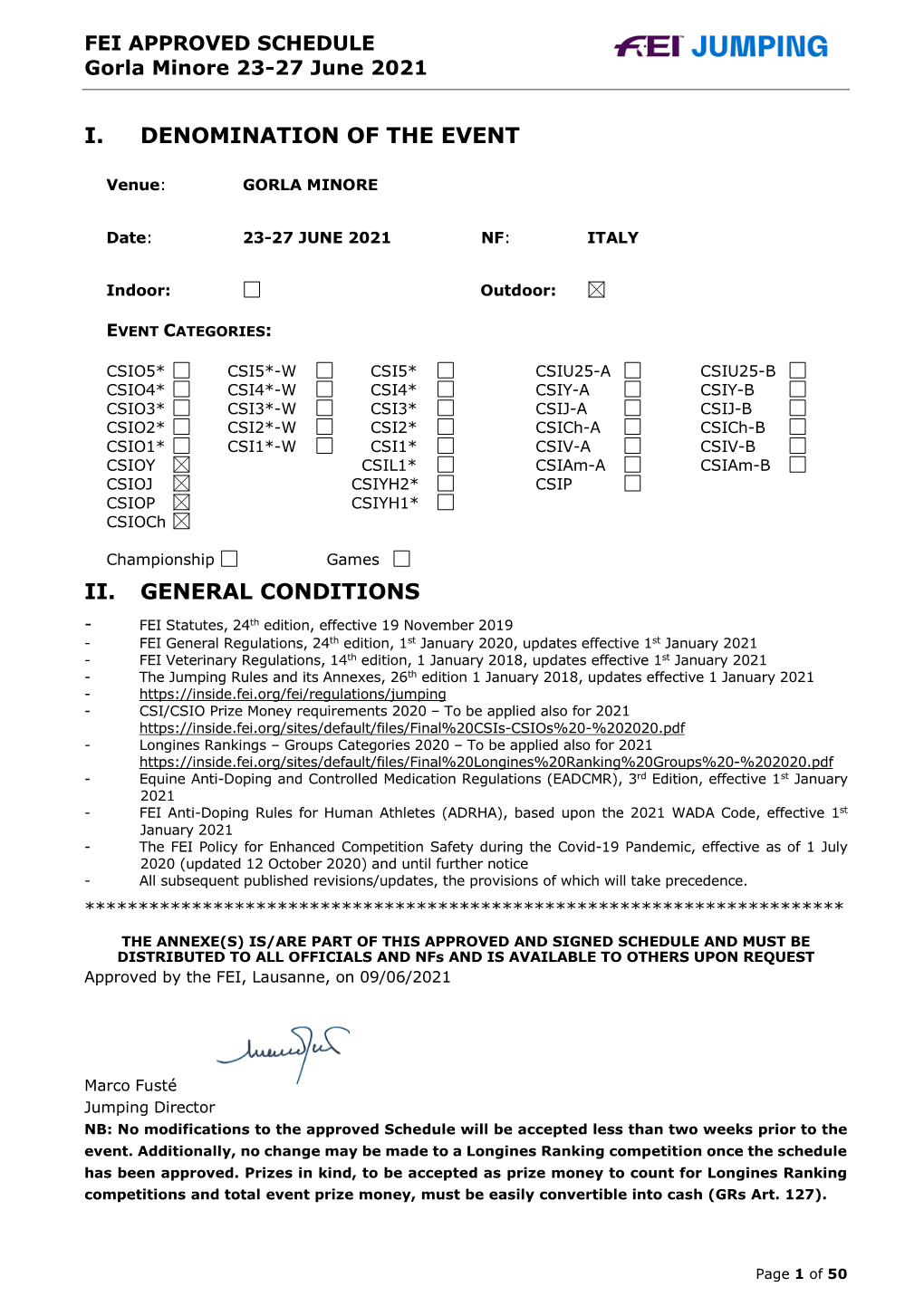 I. Denomination of the Event Ii. General Conditions