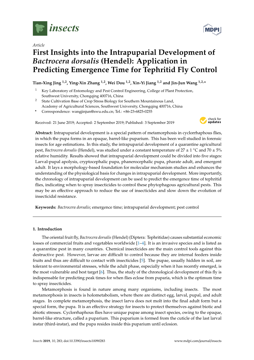 First Insights Into the Intrapuparial Development of Bactrocera Dorsalis (Hendel): Application in Predicting Emergence Time for Tephritid Fly Control