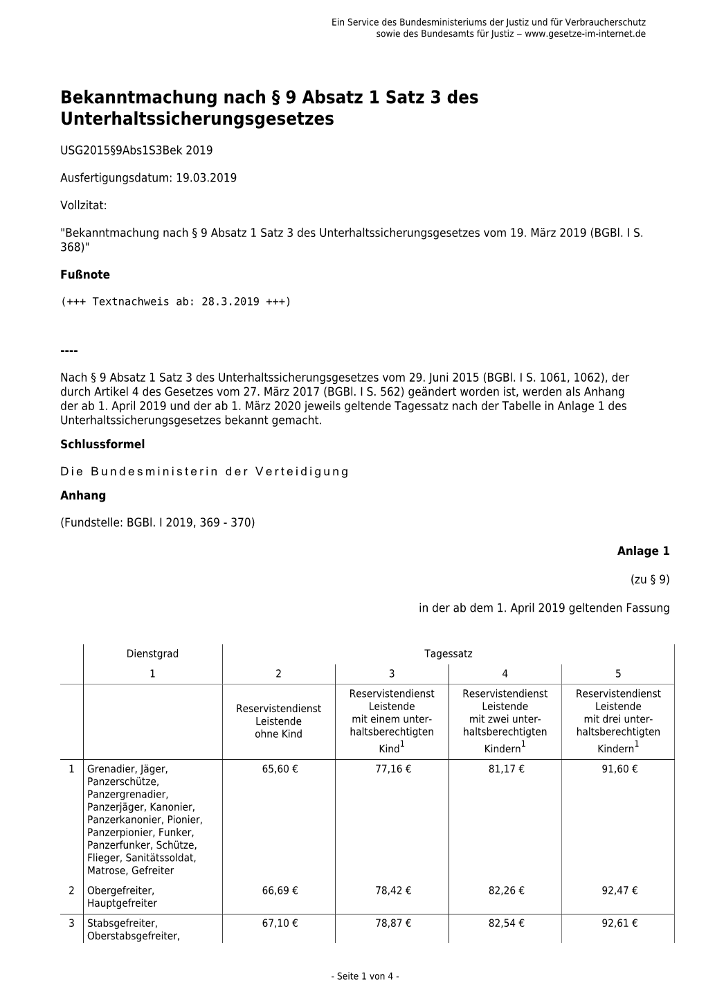 Bekanntmachung Nach § 9 Absatz 1 Satz 3 Des Unterhaltssicherungsgesetzes