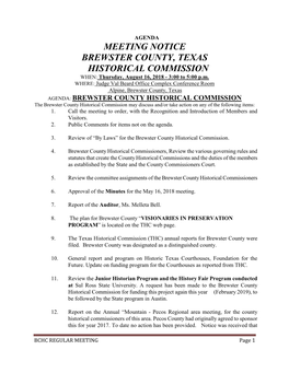 MEETING NOTICE BREWSTER COUNTY, TEXAS HISTORICAL COMMISSION WHEN: Thursday, August 16, 2018 - 3:00 to 5:00 P.M
