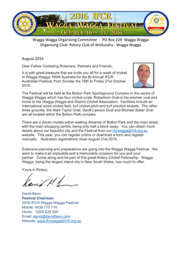 Wagga Wagga Organising Committee ‐ PO Box 229 Wagga Wagga Organising Club: Rotary Club of Wollundry ‐ Wagga Wagga