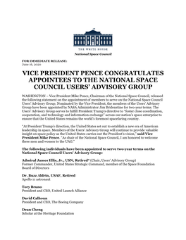 Vice President Pence Congratulates Appointees to the National Space Council Users’ Advisory Group