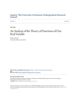 An Analysis of the Theory of Functions of One Real Variable Robert J
