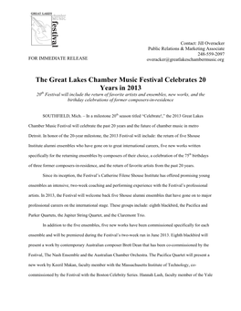 The Great Lakes Chamber Music Festival Celebrates 20 Years in 2013