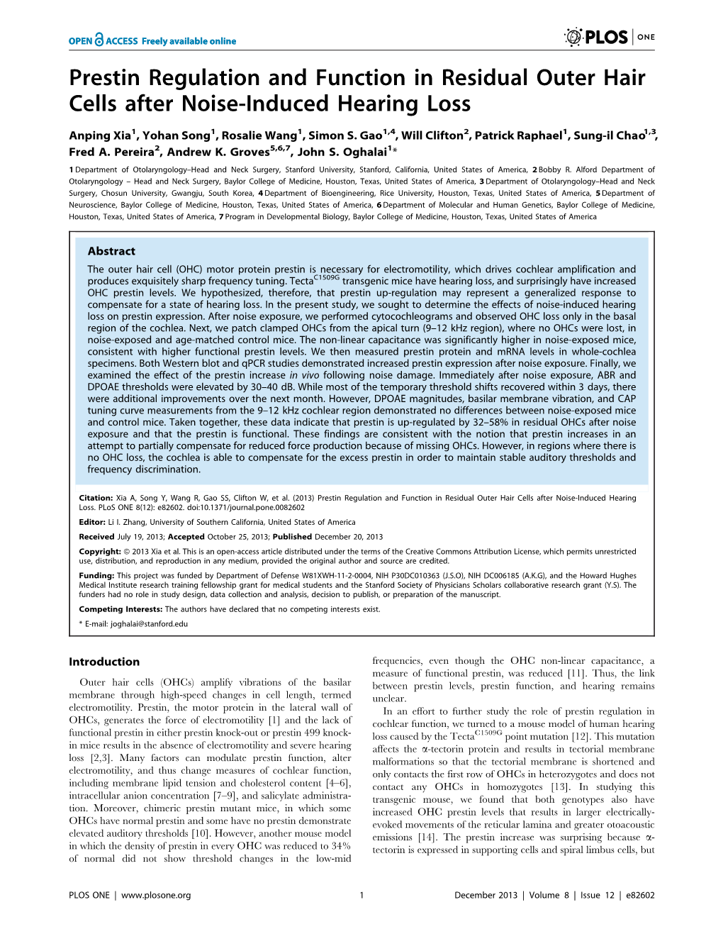 Prestin Regulation and Function in Residual Outer Hair Cells After Noise-Induced Hearing Loss