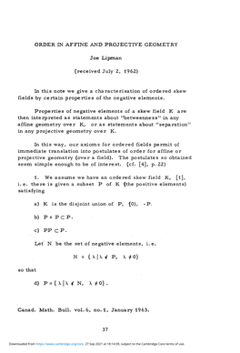 ORDER in AFFINE and PROJECTIVE GEOMETRY Joe