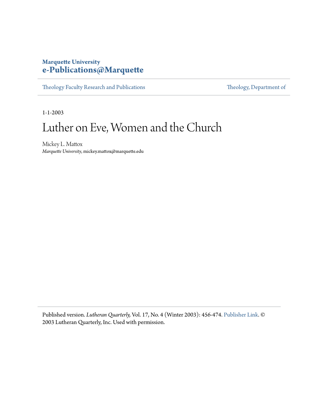 Luther on Eve, Women and the Church Mickey L