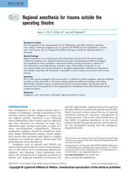 Regional Anesthesia for Trauma Outside the Operating Theatre