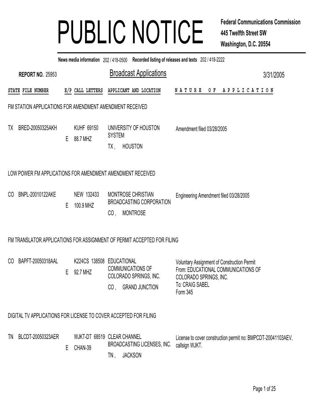 Broadcast Applications 3/31/2005